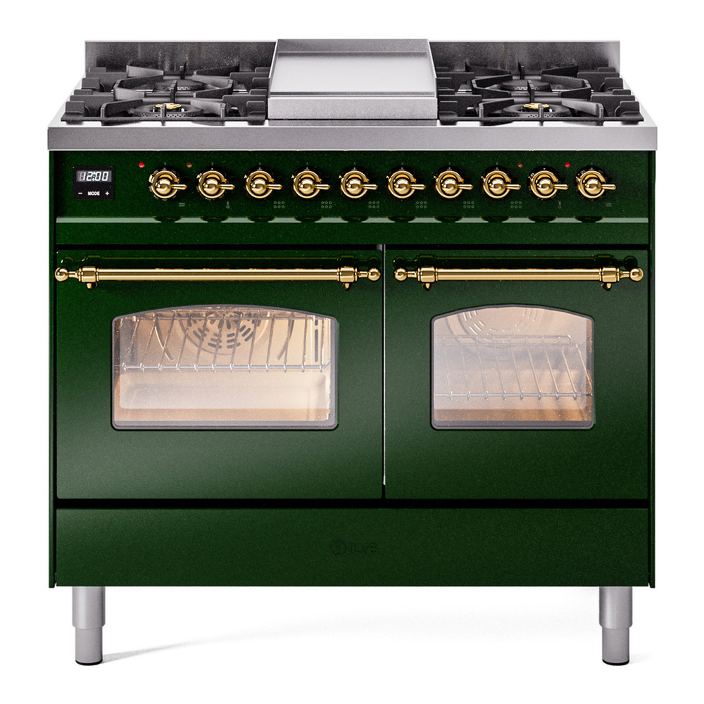 ILVE UPD40FNMPEGGLP Nostalgie II 40 inch Dual Fuel Range with Double Ovens, 6 Burners and Griddle (Liquid Propane, Triple Glass Door, Emerald Green, Brass) 1 UPD40FNMPEGGLP