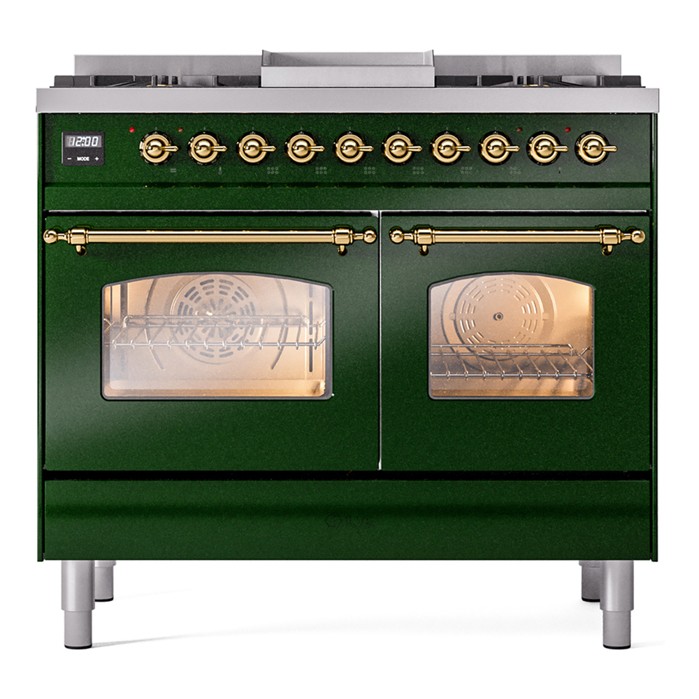ILVE UPD40FNMPEGGLP Nostalgie II 40 inch Dual Fuel Range with Double Ovens, 6 Burners and Griddle (Liquid Propane, Triple Glass Door, Emerald Green, Brass) 5 ILVE UPD40FNMPEGG Nostalgie II 40" Dual Fuel Range, front view
