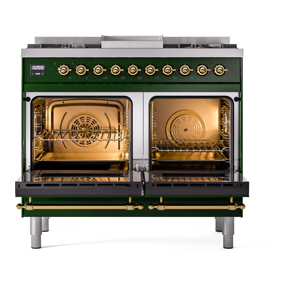 ILVE UPD40FNMPEGGLP Nostalgie II 40 inch Dual Fuel Range with Double Ovens, 6 Burners and Griddle (Liquid Propane, Triple Glass Door, Emerald Green, Brass) 6 ILVE UPD40FNMPEGG Nostalgie II 40" Dual Fuel Range, oven doors opened