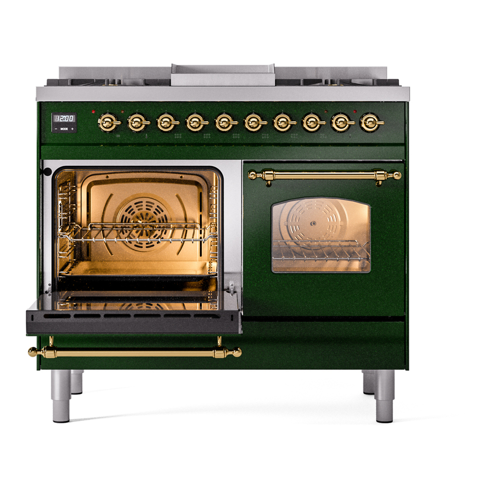 ILVE UPD40FNMPEGGLP Nostalgie II 40 inch Dual Fuel Range with Double Ovens, 6 Burners and Griddle (Liquid Propane, Triple Glass Door, Emerald Green, Brass) 7 ILVE UPD40FNMPEGG Nostalgie II 40" Dual Fuel Range, main oven door opened