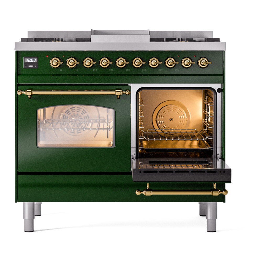 ILVE UPD40FNMPEGGLP Nostalgie II 40 inch Dual Fuel Range with Double Ovens, 6 Burners and Griddle (Liquid Propane, Triple Glass Door, Emerald Green, Brass) 8 ILVE UPD40FNMPEGG Nostalgie II 40" Dual Fuel Range, side oven door opened