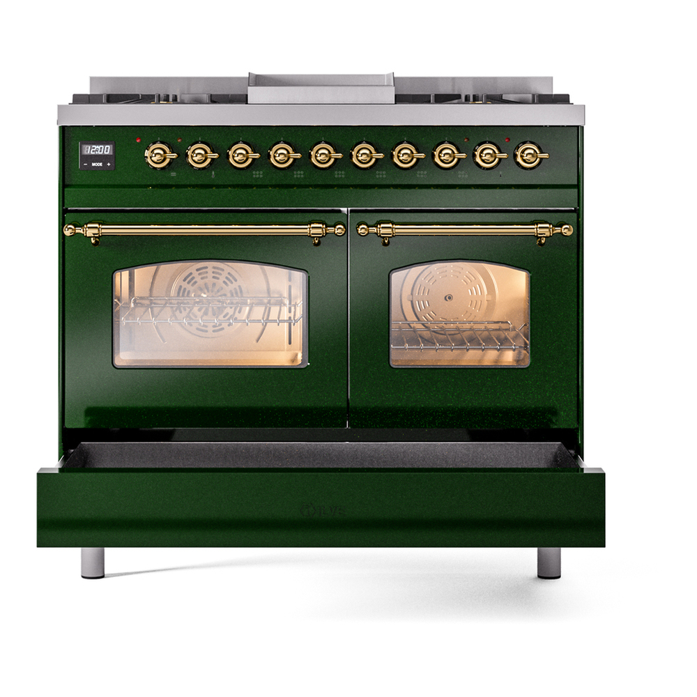 ILVE UPD40FNMPEGGLP Nostalgie II 40 inch Dual Fuel Range with Double Ovens, 6 Burners and Griddle (Liquid Propane, Triple Glass Door, Emerald Green, Brass) 9 ILVE UPD40FNMPEGG Nostalgie II 40" Dual Fuel Range, drawer opened