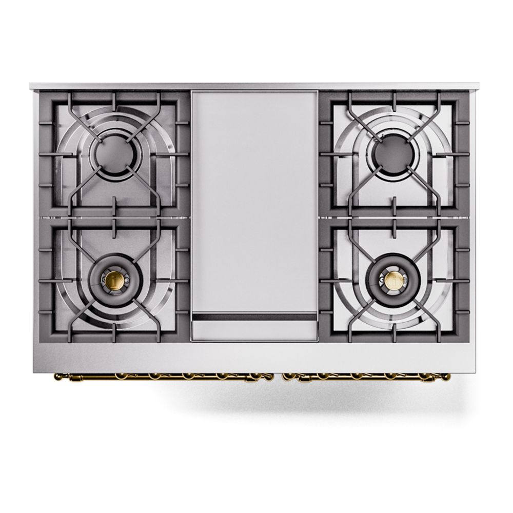 ILVE UPD40FNMPEGGLP Nostalgie II 40 inch Dual Fuel Range with Double Ovens, 6 Burners and Griddle (Liquid Propane, Triple Glass Door, Emerald Green, Brass) 11 ILVE UPD40FNMPEGG Nostalgie II 40" Dual Fuel Range, top view