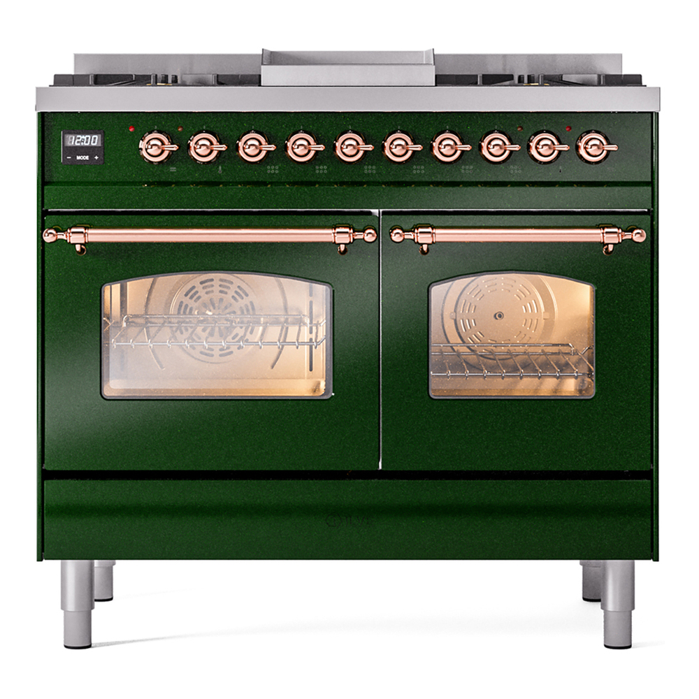 ILVE UPD40FNMPEGPLP Nostalgie II 40 inch Dual Fuel Range with Double Ovens, 6 Burners and Griddle (Liquid Propane, Triple Glass Door, Emerald Green, Copper) 5 ILVE UPD40FNMPEGPLP Nostalgie II 40" Dual Fuel Range, front view