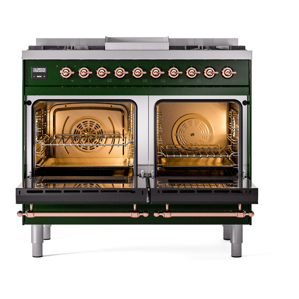 ILVE UPD40FNMPEGPLP Nostalgie II 40 inch Dual Fuel Range with Double Ovens, 6 Burners and Griddle (Liquid Propane, Triple Glass Door, Emerald Green, Copper) 6 ILVE UPD40FNMPEGPLP Nostalgie II 40" Dual Fuel Range, oven doors opened