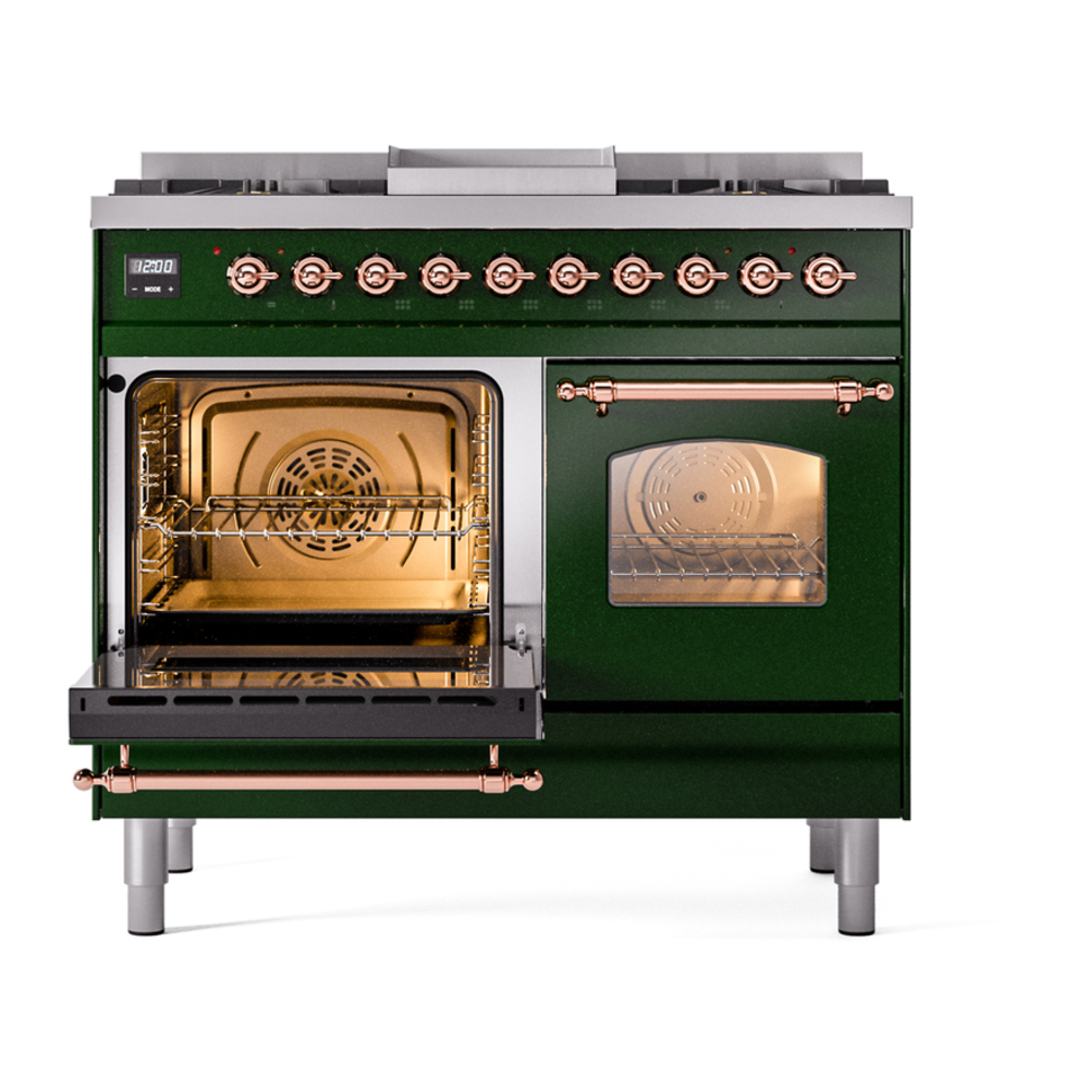 ILVE UPD40FNMPEGPLP Nostalgie II 40 inch Dual Fuel Range with Double Ovens, 6 Burners and Griddle (Liquid Propane, Triple Glass Door, Emerald Green, Copper) 7 ILVE UPD40FNMPEGPLP Nostalgie II 40" Dual Fuel Range, main oven door opened