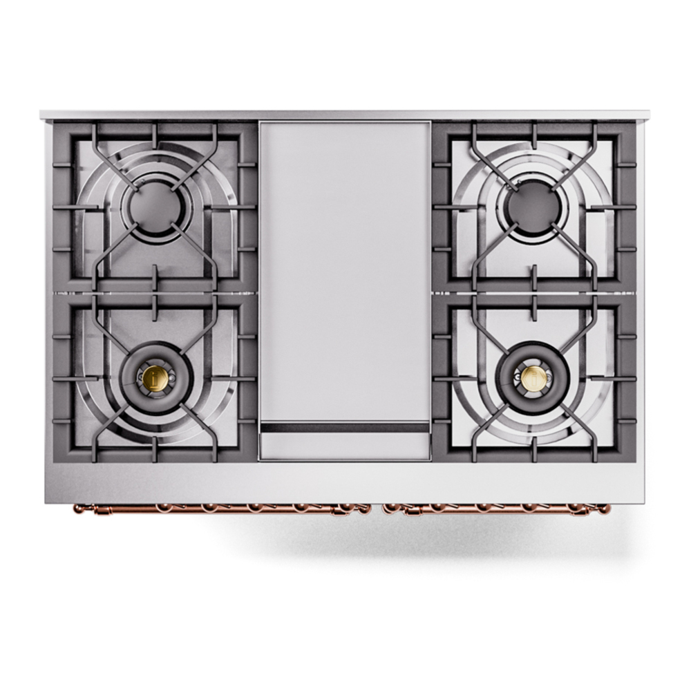 ILVE UPD40FNMPEGPLP Nostalgie II 40 inch Dual Fuel Range with Double Ovens, 6 Burners and Griddle (Liquid Propane, Triple Glass Door, Emerald Green, Copper) 11 ILVE UPD40FNMPEGPLP Nostalgie II 40" Dual Fuel Range, top view