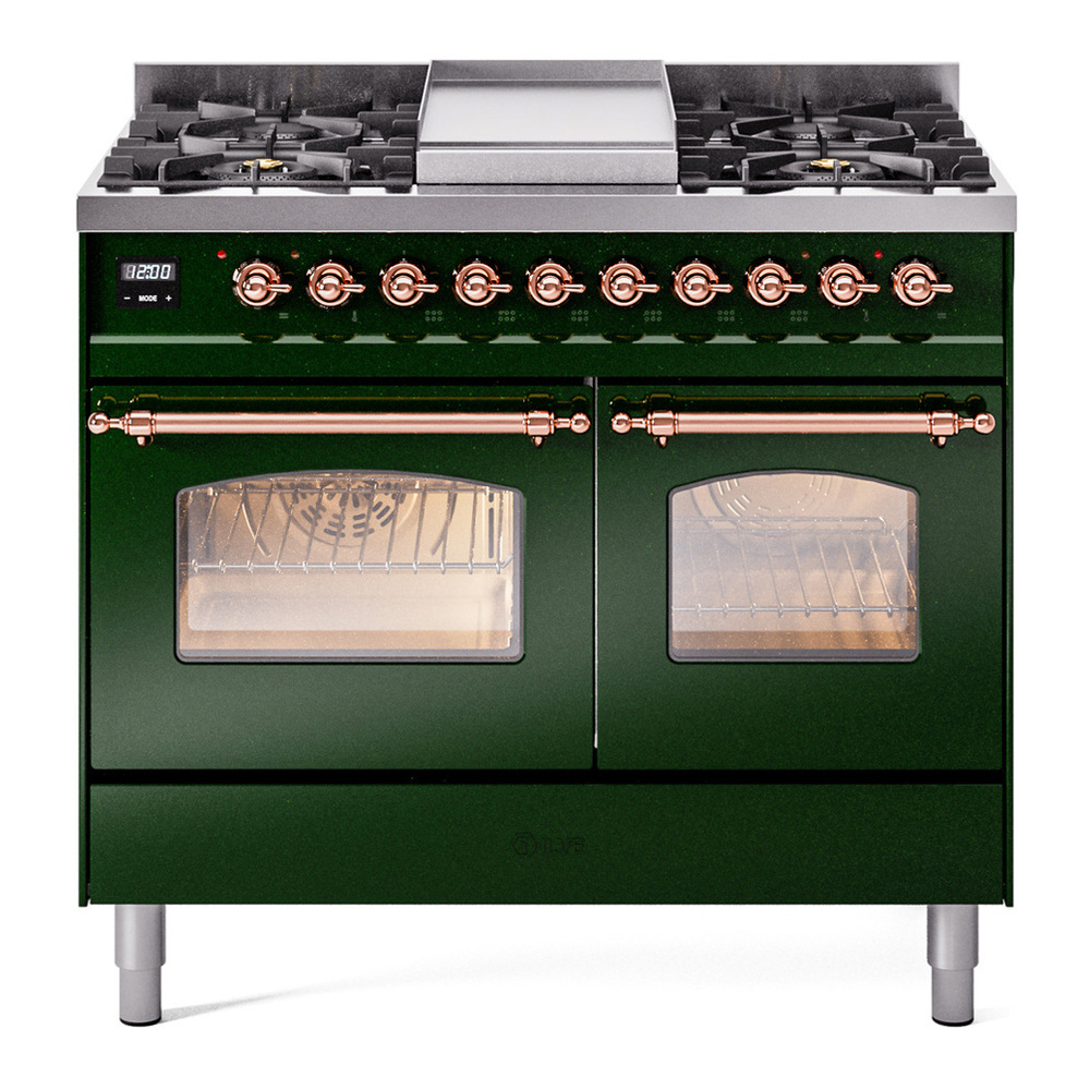 ILVE UPD40FNMPEGP Nostalgie II 40 inch Dual Fuel Range with Double Ovens, 6 Burners and Griddle (Natural Gas, Triple Glass Door, Emerald Green, Copper) 1 UPD40FNMPEGP