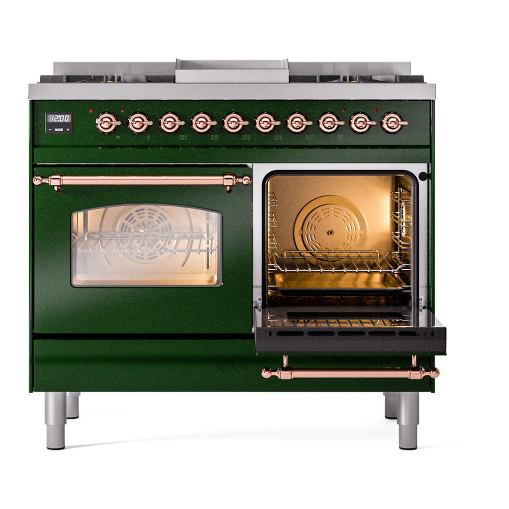ILVE UPD40FNMPEGP Nostalgie II 40 inch Dual Fuel Range with Double Ovens, 6 Burners and Griddle (Natural Gas, Triple Glass Door, Emerald Green, Copper) 8 ILVE UPD40FNMPEGP Nostalgie II 40" Dual Fuel Range, side oven door opened