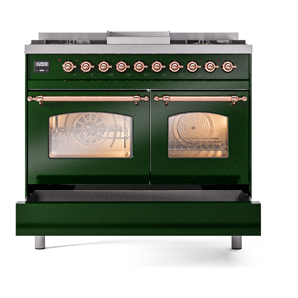 ILVE UPD40FNMPEGP Nostalgie II 40 inch Dual Fuel Range with Double Ovens, 6 Burners and Griddle (Natural Gas, Triple Glass Door, Emerald Green, Copper) 9 ILVE UPD40FNMPEGP Nostalgie II 40" Dual Fuel Range, drawer opened