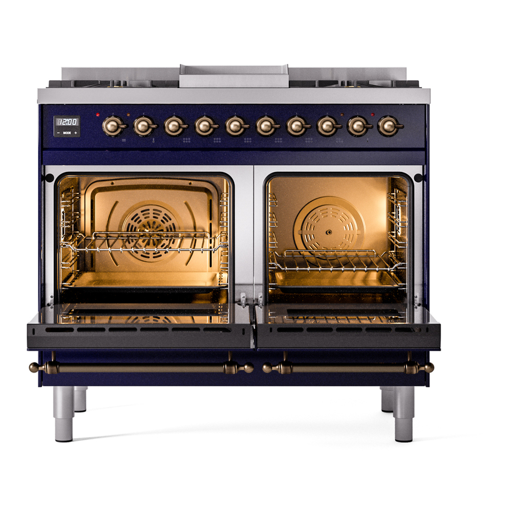 ILVE UPD40FNMPMBBLP Nostalgie II 40 inch Dual Fuel Range with Double Ovens, 6 Burners and Griddle (Liquid Propane, Triple Glass Door, Midnight Blue, Burnished) 6 ILVE UPD40FNMPMBBLP Nostalgie II 40" Dual Fuel Range, oven doors opened
