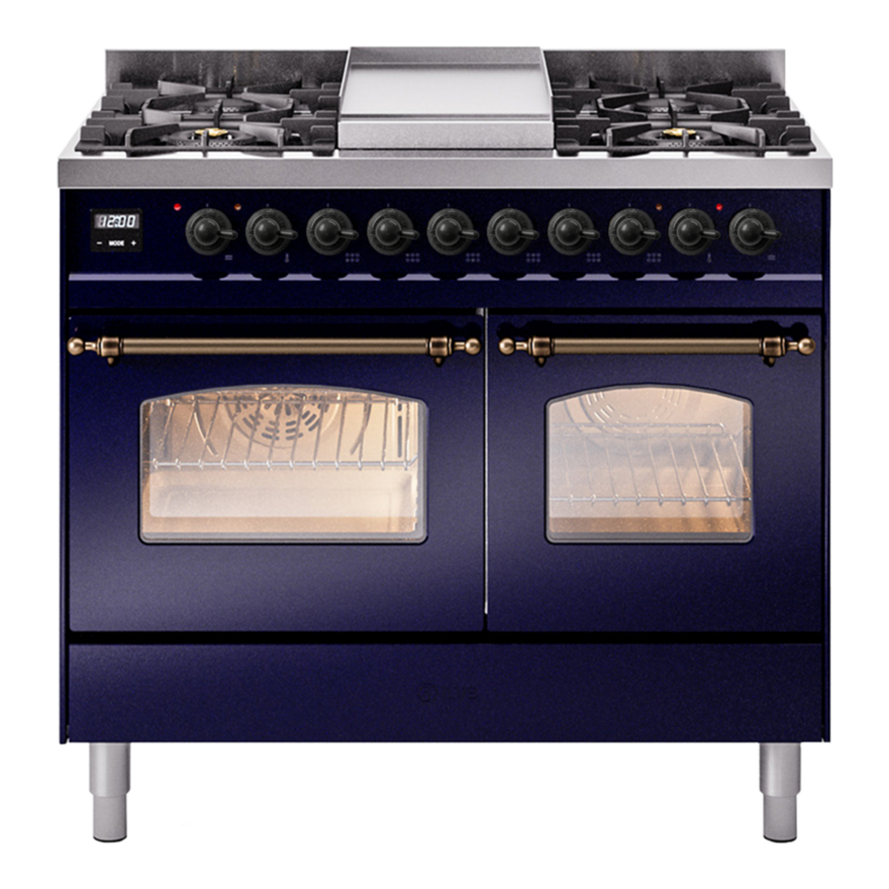 ILVE UPD40FNMPMBB Nostalgie II 40 inch Dual Fuel Range with Double Ovens, 6 Burners and Griddle (Natural Gas, Triple Glass Door, Midnight Blue, Burnished) 1 UPD40FNMPMBB