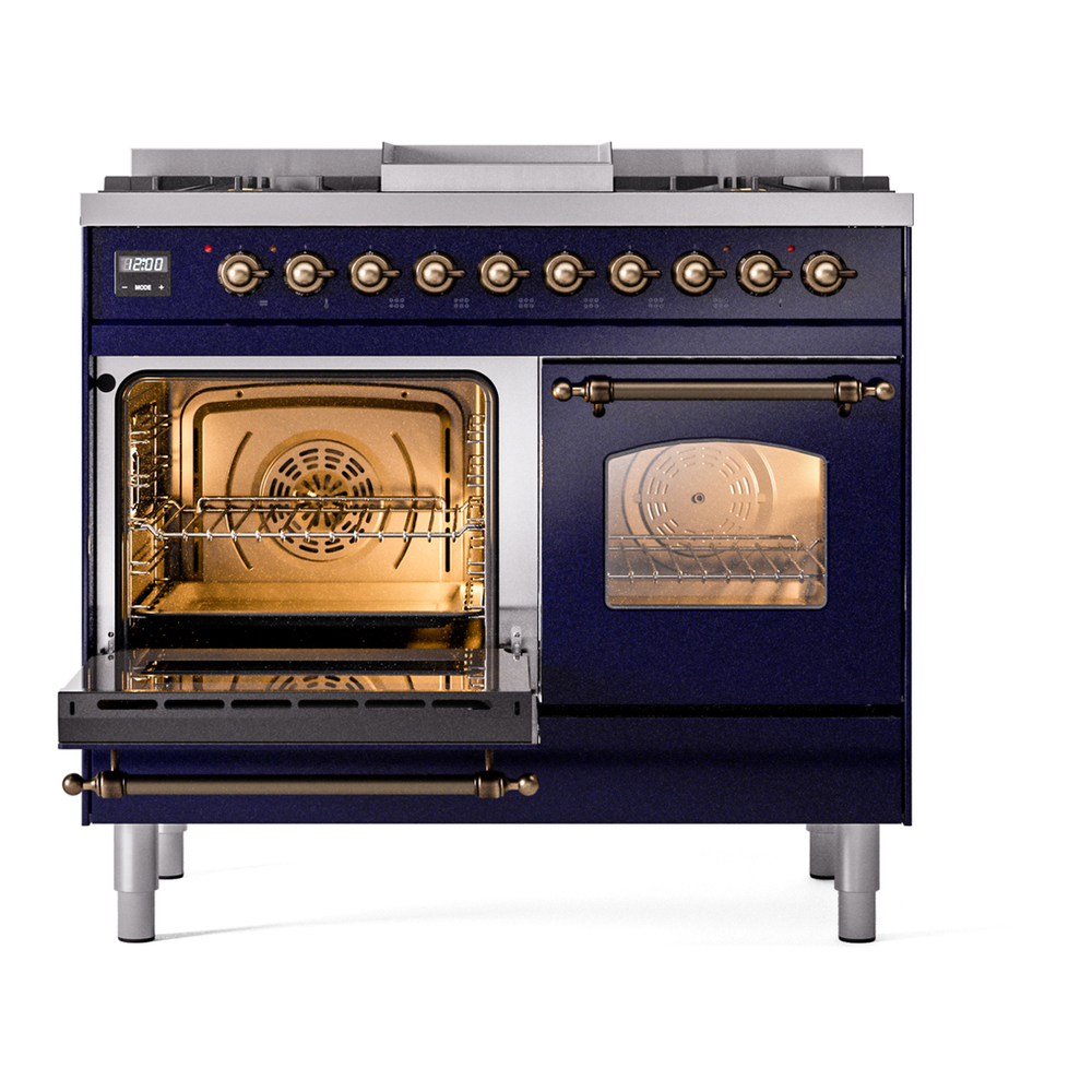 ILVE UPD40FNMPMBB Nostalgie II 40 inch Dual Fuel Range with Double Ovens, 6 Burners and Griddle (Natural Gas, Triple Glass Door, Midnight Blue, Burnished) 7 ILVE UPD40FNMPMBB Nostalgie II 40" Dual Fuel Range, main oven door opened