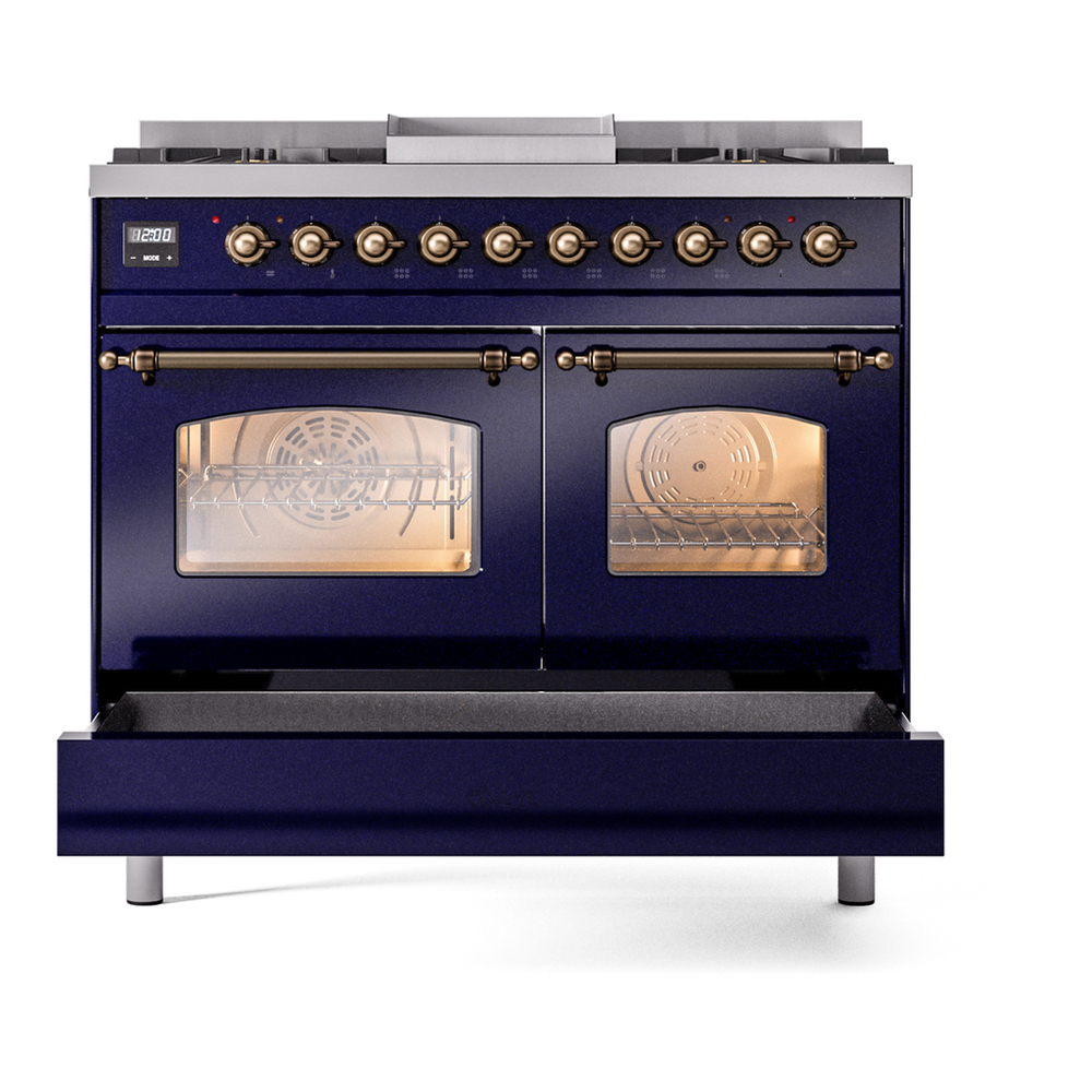 ILVE UPD40FNMPMBB Nostalgie II 40 inch Dual Fuel Range with Double Ovens, 6 Burners and Griddle (Natural Gas, Triple Glass Door, Midnight Blue, Burnished) 9 ILVE UPD40FNMPMBB Nostalgie II 40" Dual Fuel Range, drawer opened