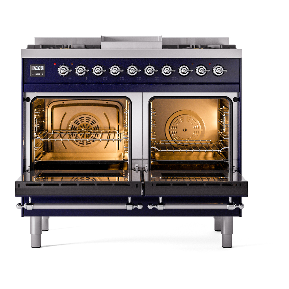 ILVE UPD40FNMPMBCLP Nostalgie II 40 inch Dual Fuel Range with Double Ovens, 6 Burners and Griddle (Liquid Propane, Triple Glass Door, Midnight Blue, Chrome) 6 ILVE UPD40FNMPMBCLP Nostalgie II 40" Dual Fuel Range, oven doors opened