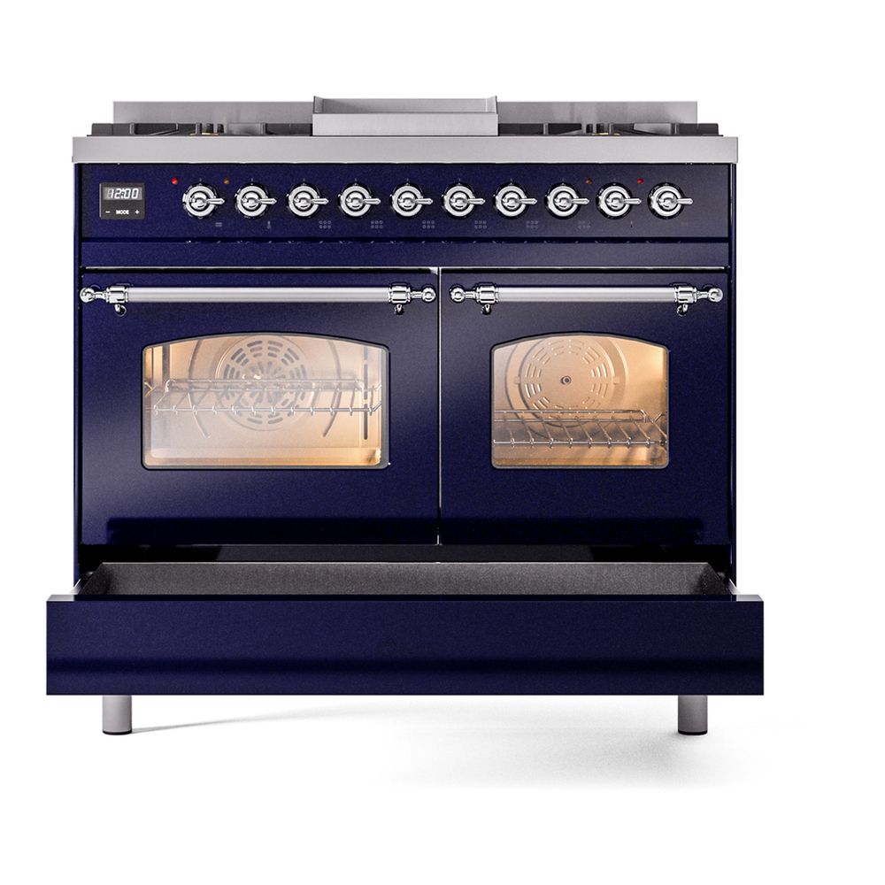ILVE UPD40FNMPMBCLP Nostalgie II 40 inch Dual Fuel Range with Double Ovens, 6 Burners and Griddle (Liquid Propane, Triple Glass Door, Midnight Blue, Chrome) 9 ILVE UPD40FNMPMBCLP Nostalgie II 40" Dual Fuel Range, drawer opened