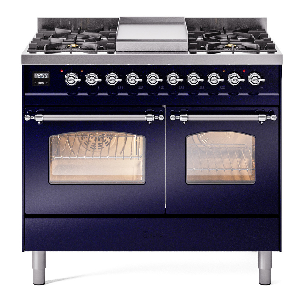 ILVE UPD40FNMPMBC Nostalgie II 40 inch Dual Fuel Range with Double Ovens, 6 Burners and Griddle (Natural Gas, Triple Glass Door, Midnight Blue, Chrome) 1 UPD40FNMPMBC