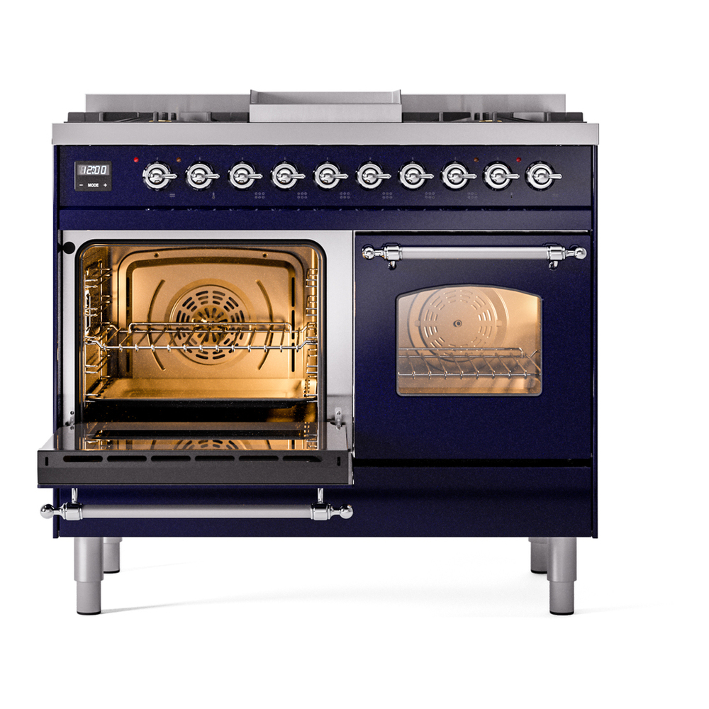 ILVE UPD40FNMPMBC Nostalgie II 40 inch Dual Fuel Range with Double Ovens, 6 Burners and Griddle (Natural Gas, Triple Glass Door, Midnight Blue, Chrome) 7 ILVE UPD40FNMPMBC Nostalgie II 40" Dual Fuel Range, main oven door opened