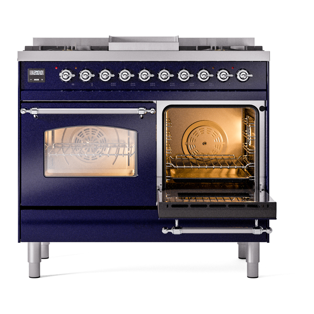 ILVE UPD40FNMPMBC Nostalgie II 40 inch Dual Fuel Range with Double Ovens, 6 Burners and Griddle (Natural Gas, Triple Glass Door, Midnight Blue, Chrome) 8 ILVE UPD40FNMPMBC Nostalgie II 40" Dual Fuel Range, side oven door opened