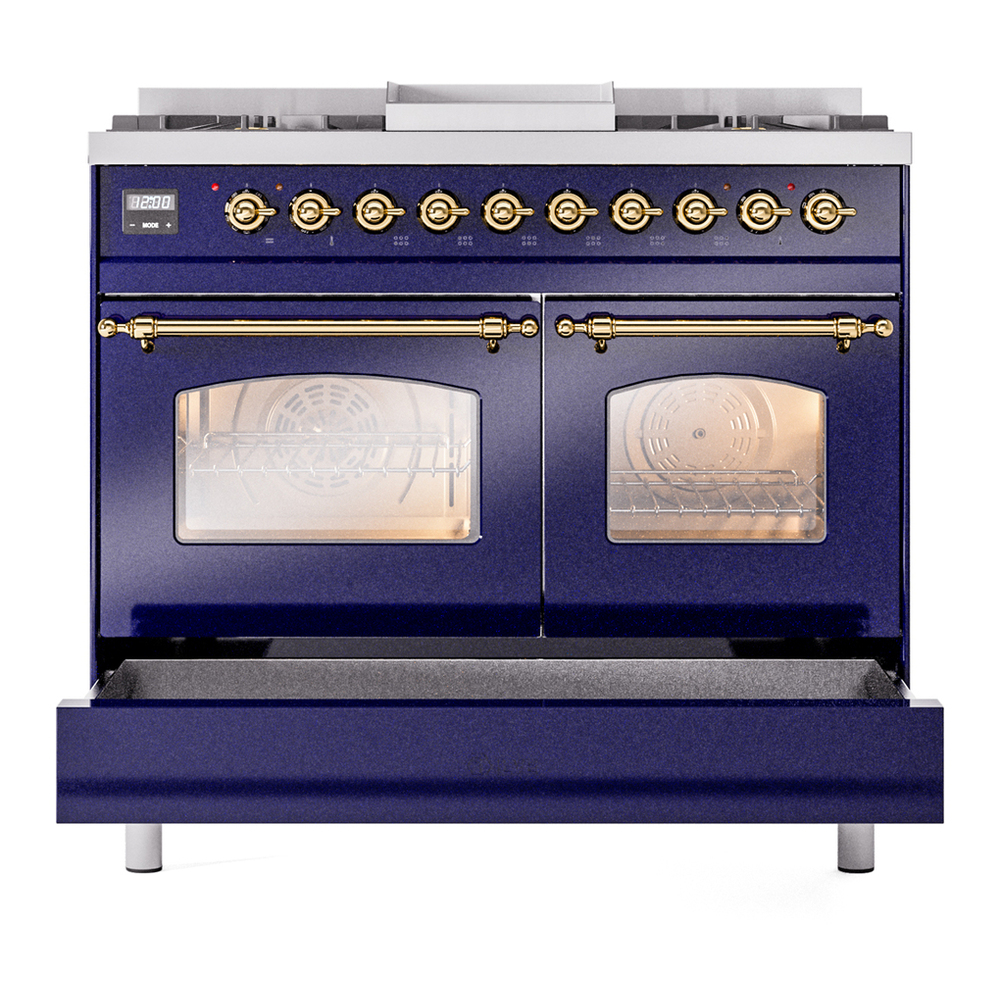 ILVE UPD40FNMPMBGLP Nostalgie II 40 inch Dual Fuel Range with Double Ovens, 6 Burners and Griddle (Liquid Propane, Triple Glass Door, Midnight Blue, Brass) 9 ILVE UPD40FNMPMBGLP Nostalgie II 40" Dual Fuel Range, drawer opened