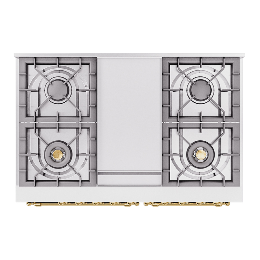 ILVE UPD40FNMPMBGLP Nostalgie II 40 inch Dual Fuel Range with Double Ovens, 6 Burners and Griddle (Liquid Propane, Triple Glass Door, Midnight Blue, Brass) 11 ILVE UPD40FNMPMBGLP Nostalgie II 40" Dual Fuel Range, top view