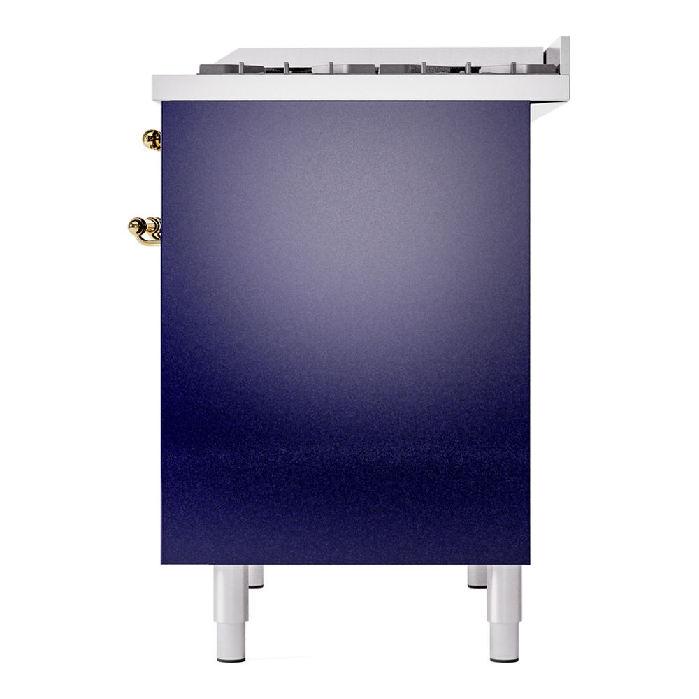 ILVE UPD40FNMPMBGLP Nostalgie II 40 inch Dual Fuel Range with Double Ovens, 6 Burners and Griddle (Liquid Propane, Triple Glass Door, Midnight Blue, Brass) 13 ILVE UPD40FNMPMBGLP Nostalgie II 40" Dual Fuel Range, right side view