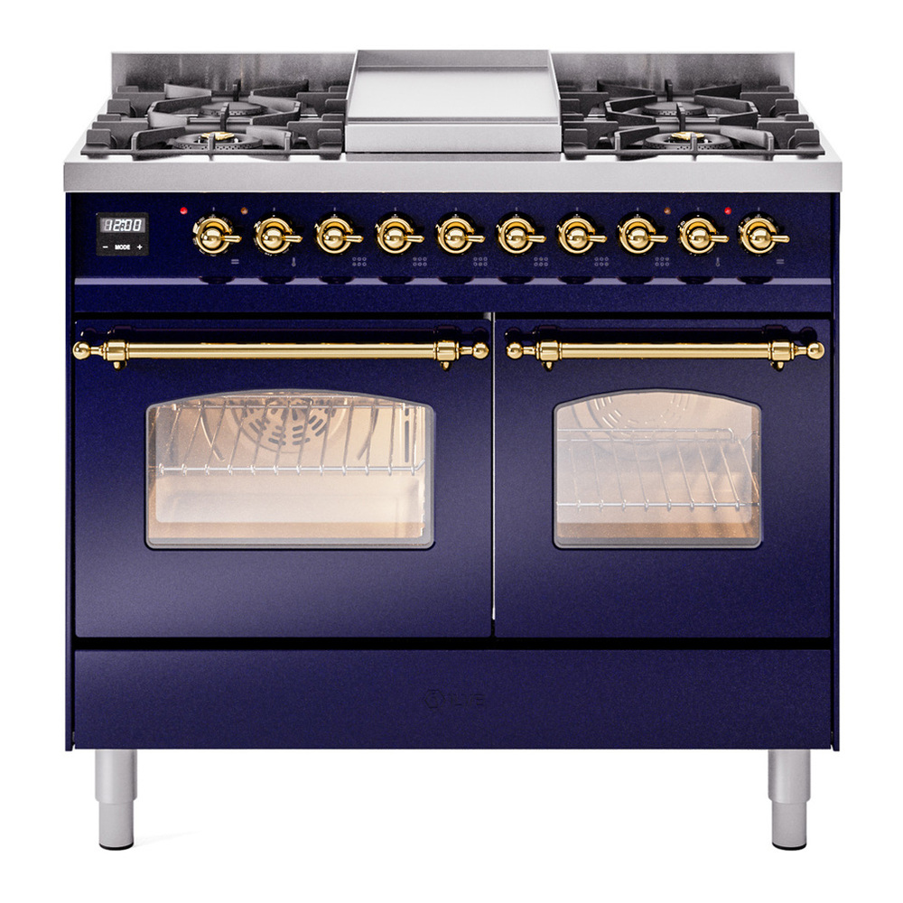 ILVE UPD40FNMPMBG Nostalgie II 40 inch Dual Fuel Range with Double Ovens, 6 Burners and Griddle (Natural Gas, Triple Glass Door, Midnight Blue, Brass) 1 UPD40FNMPMBG