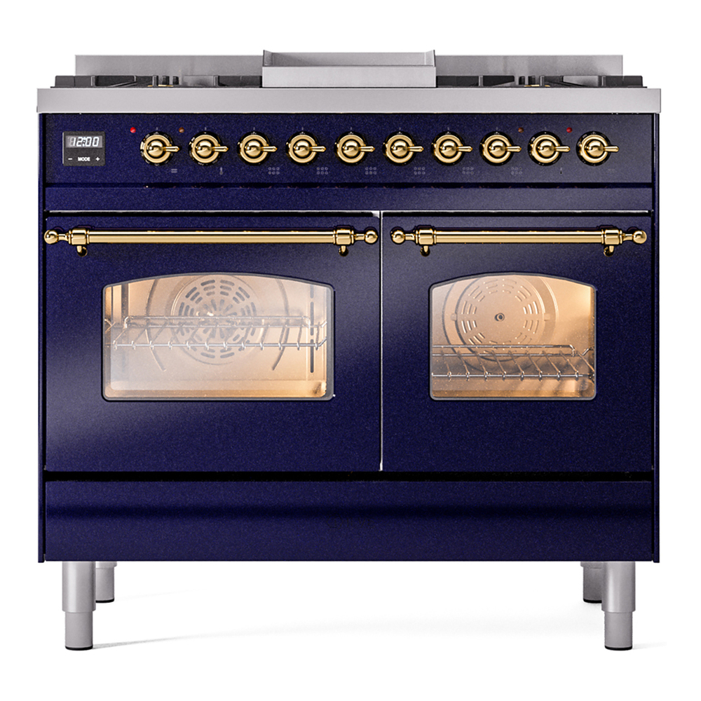 ILVE UPD40FNMPMBG Nostalgie II 40 inch Dual Fuel Range with Double Ovens, 6 Burners and Griddle (Natural Gas, Triple Glass Door, Midnight Blue, Brass) 5 ILVE UPD40FNMPMBG Nostalgie II 40" Dual Fuel Range, front view
