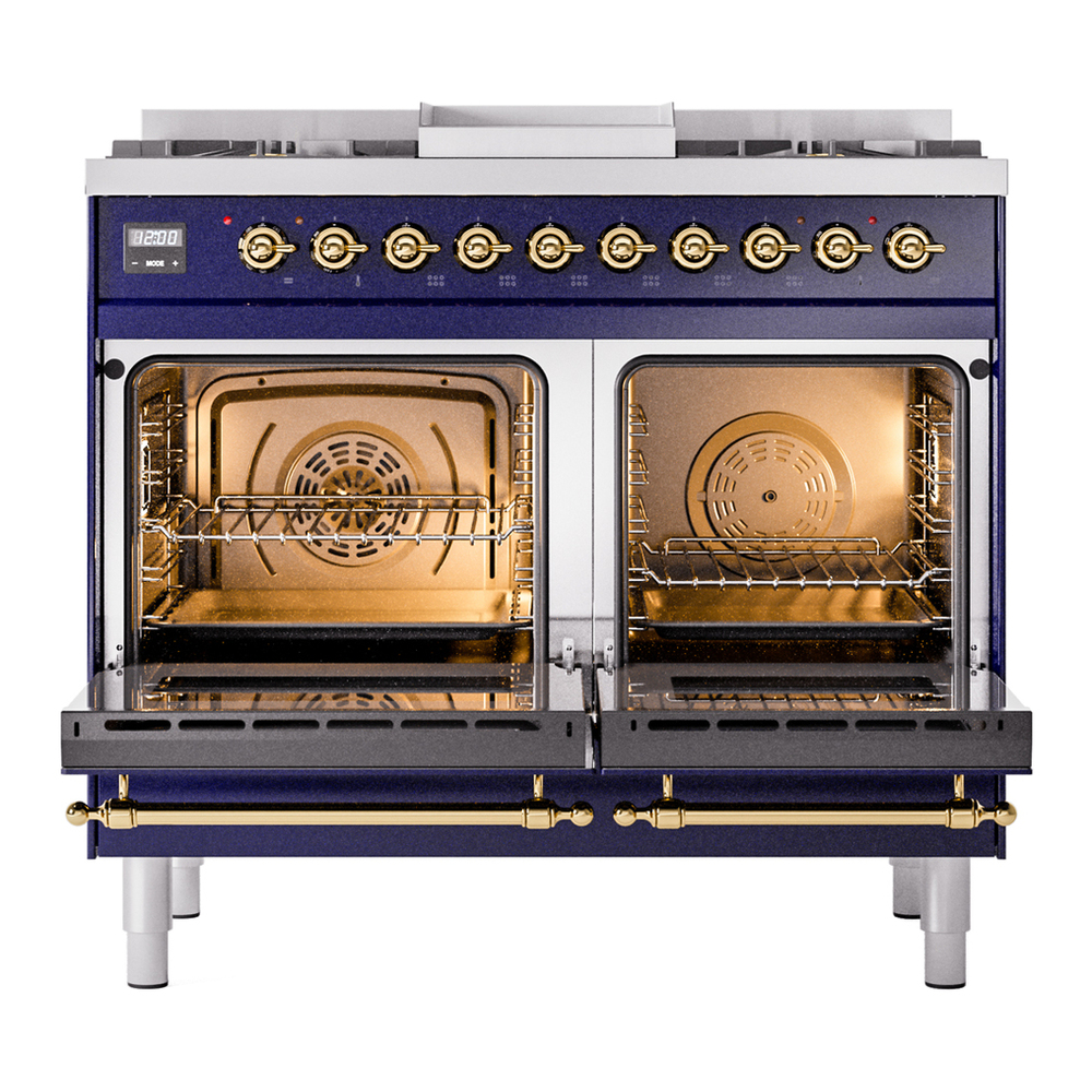 ILVE UPD40FNMPMBG Nostalgie II 40 inch Dual Fuel Range with Double Ovens, 6 Burners and Griddle (Natural Gas, Triple Glass Door, Midnight Blue, Brass) 6 ILVE UPD40FNMPMBG Nostalgie II 40" Dual Fuel Range, oven doors opened