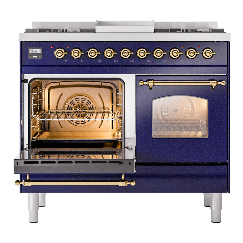 ILVE UPD40FNMPMBG Nostalgie II 40 inch Dual Fuel Range with Double Ovens, 6 Burners and Griddle (Natural Gas, Triple Glass Door, Midnight Blue, Brass) 7 ILVE UPD40FNMPMBG Nostalgie II 40" Dual Fuel Range, main oven door opened