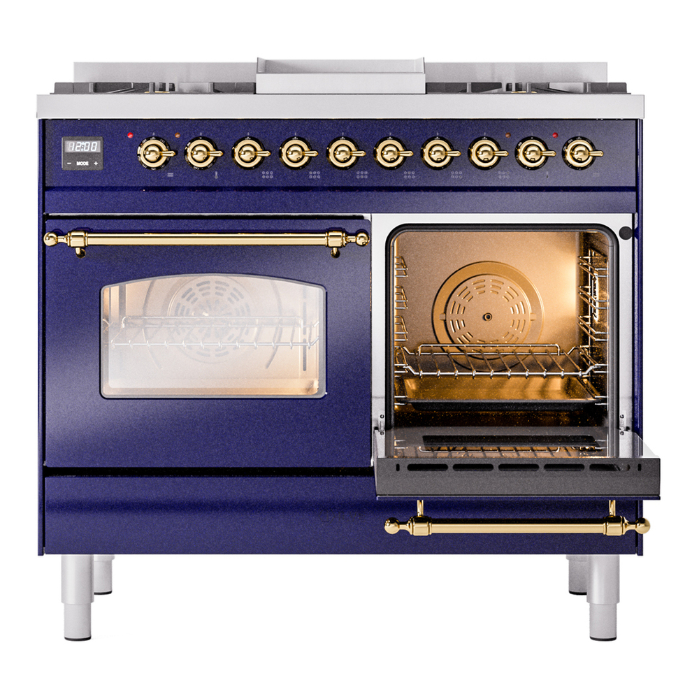 ILVE UPD40FNMPMBG Nostalgie II 40 inch Dual Fuel Range with Double Ovens, 6 Burners and Griddle (Natural Gas, Triple Glass Door, Midnight Blue, Brass) 8 ILVE UPD40FNMPMBG Nostalgie II 40" Dual Fuel Range, side oven door opened