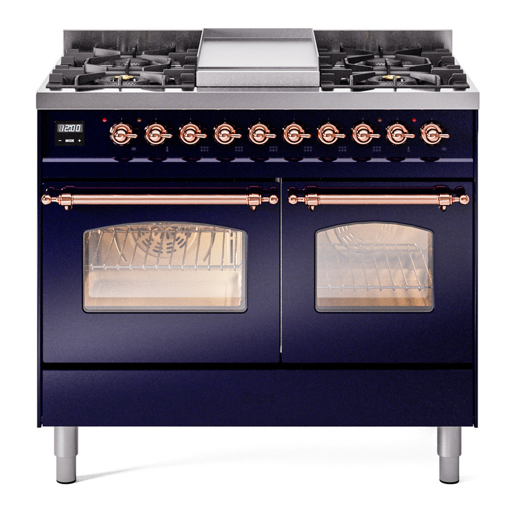 ILVE UPD40FNMPMBPLP Nostalgie II 40 inch Dual Fuel Range with Double Ovens, 6 Burners and Griddle (Liquid Propane, Triple Glass Door, Midnight Blue, Copper) 1 UPD40FNMPMBPLP