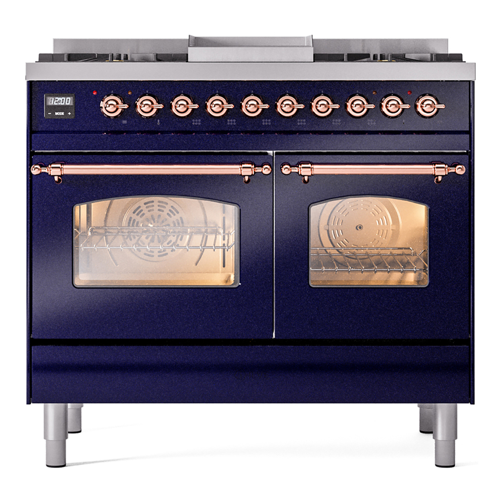 ILVE UPD40FNMPMBPLP Nostalgie II 40 inch Dual Fuel Range with Double Ovens, 6 Burners and Griddle (Liquid Propane, Triple Glass Door, Midnight Blue, Copper) 5 ILVE UPD40FNMPMBPLP Nostalgie II 40" Dual Fuel Range, front view