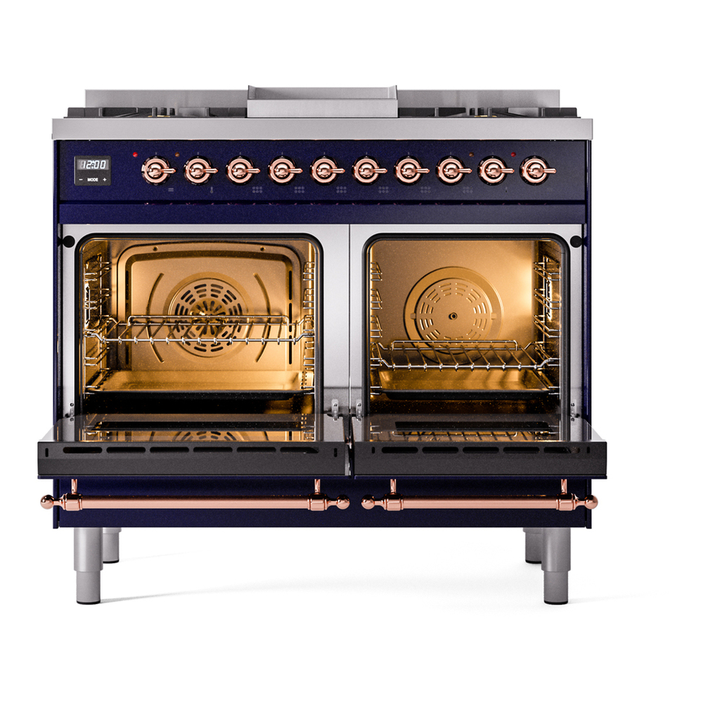 ILVE UPD40FNMPMBPLP Nostalgie II 40 inch Dual Fuel Range with Double Ovens, 6 Burners and Griddle (Liquid Propane, Triple Glass Door, Midnight Blue, Copper) 6 ILVE UPD40FNMPMBPLP Nostalgie II 40" Dual Fuel Range, oven door opened