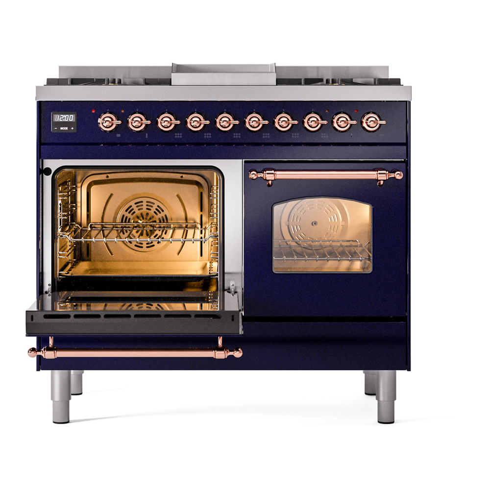 ILVE UPD40FNMPMBPLP Nostalgie II 40 inch Dual Fuel Range with Double Ovens, 6 Burners and Griddle (Liquid Propane, Triple Glass Door, Midnight Blue, Copper) 7 ILVE UPD40FNMPMBPLP Nostalgie II 40" Dual Fuel Range, main oven door opened