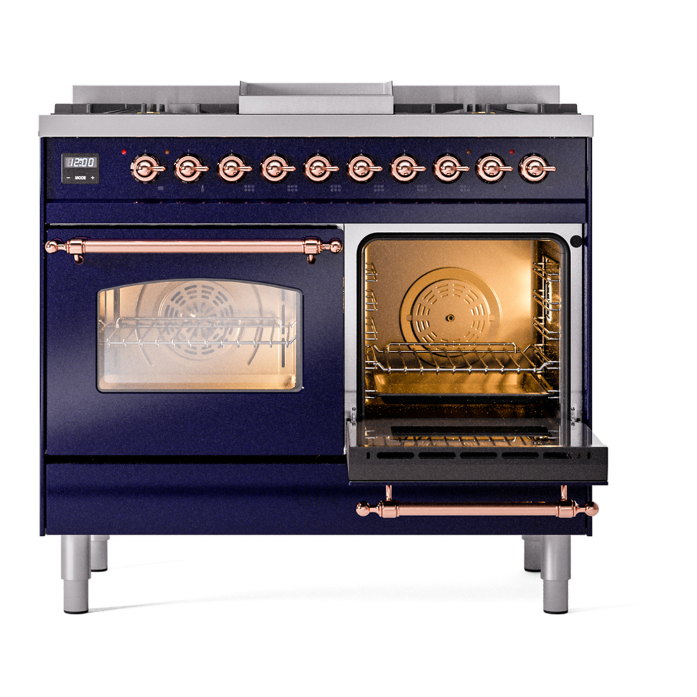 ILVE UPD40FNMPMBPLP Nostalgie II 40 inch Dual Fuel Range with Double Ovens, 6 Burners and Griddle (Liquid Propane, Triple Glass Door, Midnight Blue, Copper) 8 ILVE UPD40FNMPMBPLP Nostalgie II 40" Dual Fuel Range, side oven door opened