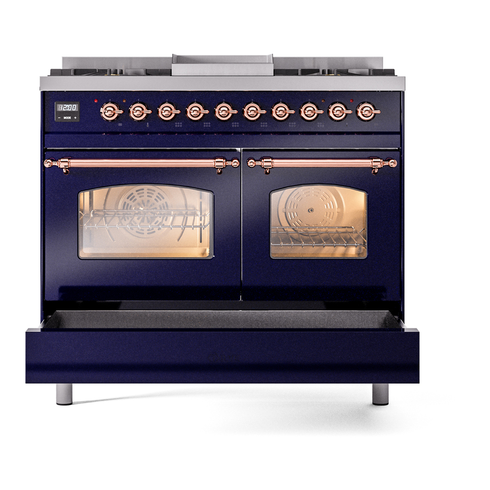 ILVE UPD40FNMPMBPLP Nostalgie II 40 inch Dual Fuel Range with Double Ovens, 6 Burners and Griddle (Liquid Propane, Triple Glass Door, Midnight Blue, Copper) 9 ILVE UPD40FNMPMBPLP Nostalgie II 40" Dual Fuel Range, drawer opened
