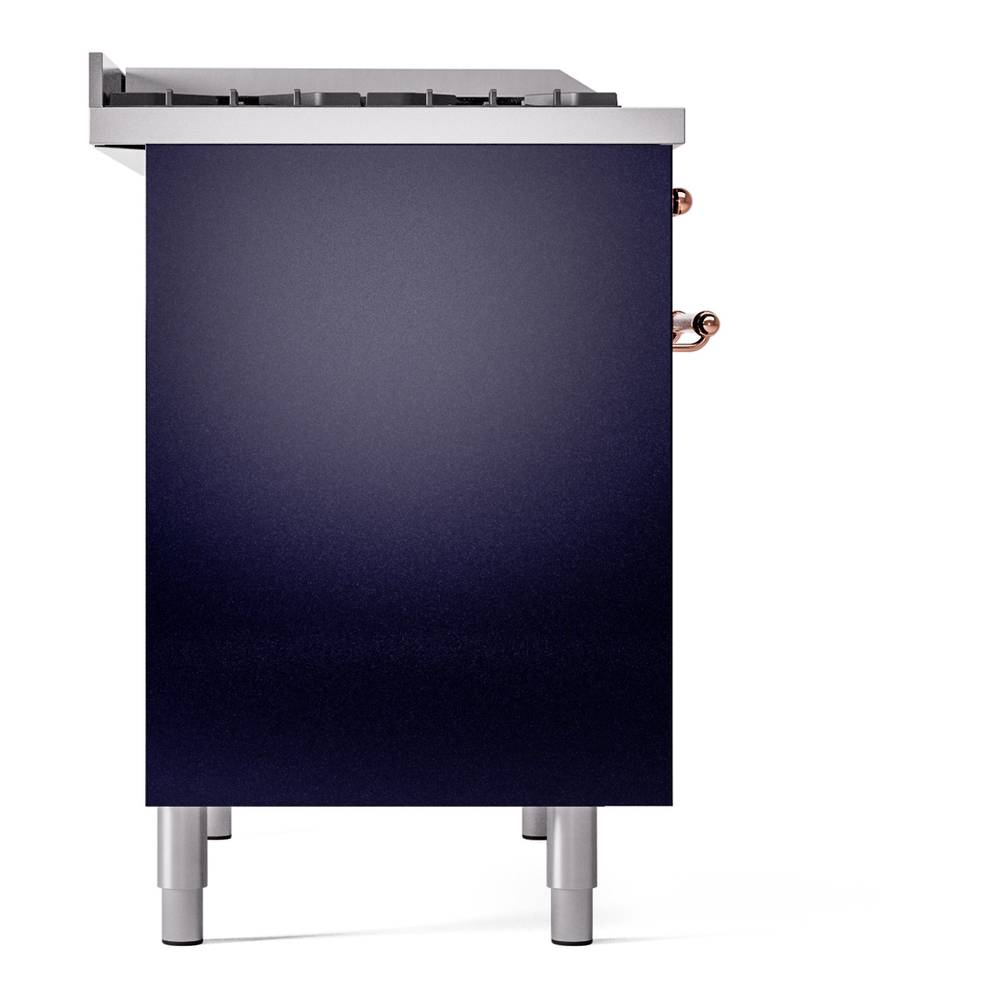 ILVE UPD40FNMPMBPLP Nostalgie II 40 inch Dual Fuel Range with Double Ovens, 6 Burners and Griddle (Liquid Propane, Triple Glass Door, Midnight Blue, Copper) 12 ILVE UPD40FNMPMBPLP Nostalgie II 40" Dual Fuel Range, left side view