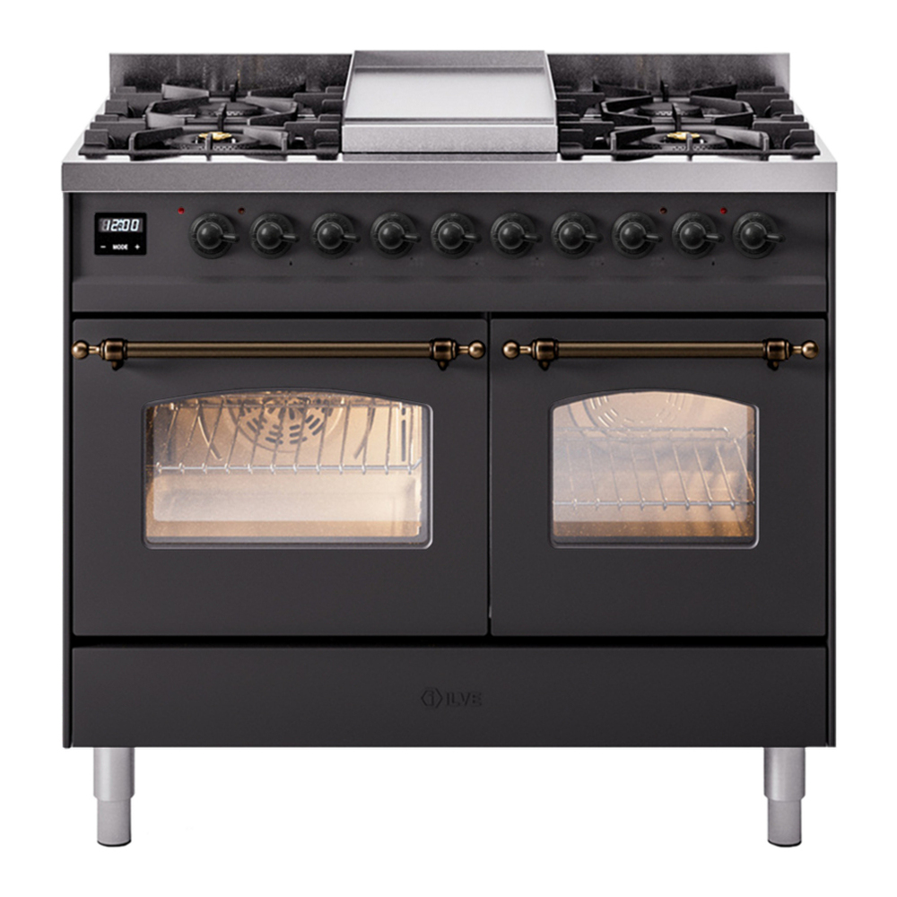 ILVE UPD40FNMPMGBLP Nostalgie II 40 inch Dual Fuel Range with Double Ovens, 6 Burners and Griddle (Liquid Propane, Triple Glass Door, Graphite Matte, Burnished) 1 UPD40FNMPMGBLP