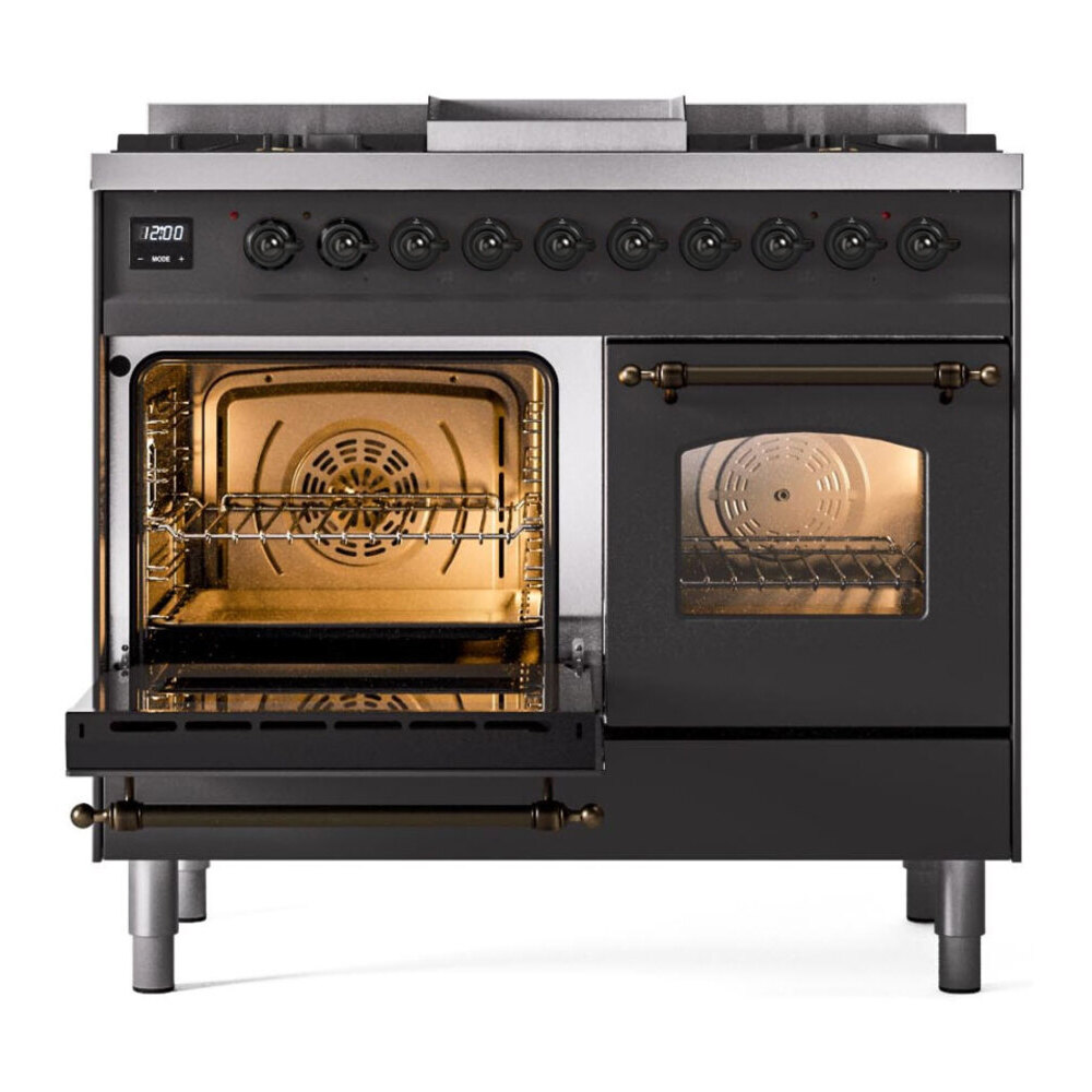 ILVE UPD40FNMPMGBLP Nostalgie II 40 inch Dual Fuel Range with Double Ovens, 6 Burners and Griddle (Liquid Propane, Triple Glass Door, Graphite Matte, Burnished) 7 ILVE UPD40FNMPMGBLP main oven door opened