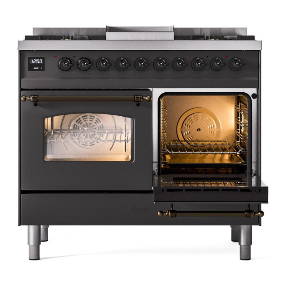 ILVE UPD40FNMPMGBLP Nostalgie II 40 inch Dual Fuel Range with Double Ovens, 6 Burners and Griddle (Liquid Propane, Triple Glass Door, Graphite Matte, Burnished) 8 ILVE UPD40FNMPMGBLP side oven door opened