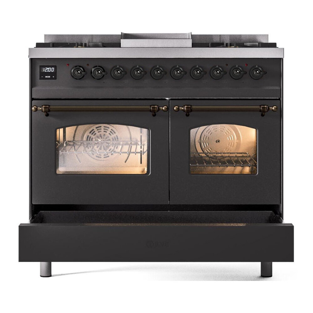 ILVE UPD40FNMPMGBLP Nostalgie II 40 inch Dual Fuel Range with Double Ovens, 6 Burners and Griddle (Liquid Propane, Triple Glass Door, Graphite Matte, Burnished) 9 ILVE UPD40FNMPMGBLP drawer opened