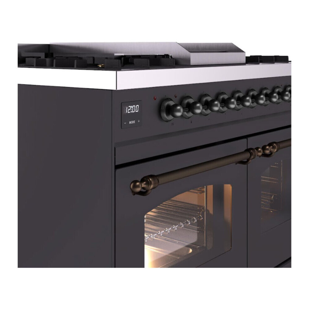 ILVE UPD40FNMPMGBLP Nostalgie II 40 inch Dual Fuel Range with Double Ovens, 6 Burners and Griddle (Liquid Propane, Triple Glass Door, Graphite Matte, Burnished) 10 ILVE UPD40FNMPMGBLP close up details