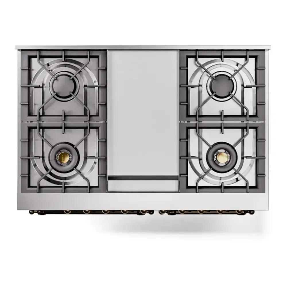ILVE UPD40FNMPMGBLP Nostalgie II 40 inch Dual Fuel Range with Double Ovens, 6 Burners and Griddle (Liquid Propane, Triple Glass Door, Graphite Matte, Burnished) 11 ILVE UPD40FNMPMGBLP cooktop
