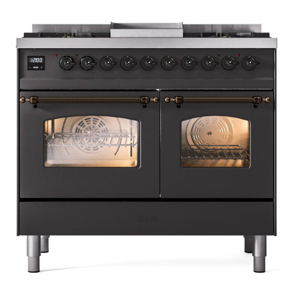 ILVE UPD40FNMPMGB Nostalgie II 40 inch Dual Fuel Range with Double Ovens, 6 Burners and Griddle (Natural Gas, Triple Glass Door, Graphite Matte, Burnished) 5 ILVE UPD40FNMPMGB front view