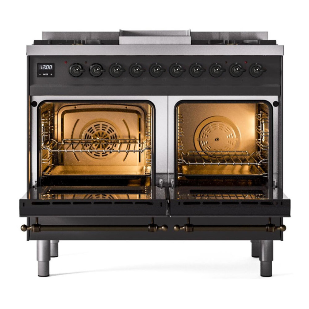 ILVE UPD40FNMPMGB Nostalgie II 40 inch Dual Fuel Range with Double Ovens, 6 Burners and Griddle (Natural Gas, Triple Glass Door, Graphite Matte, Burnished) 6 ILVE UPD40FNMPMGB doors opened