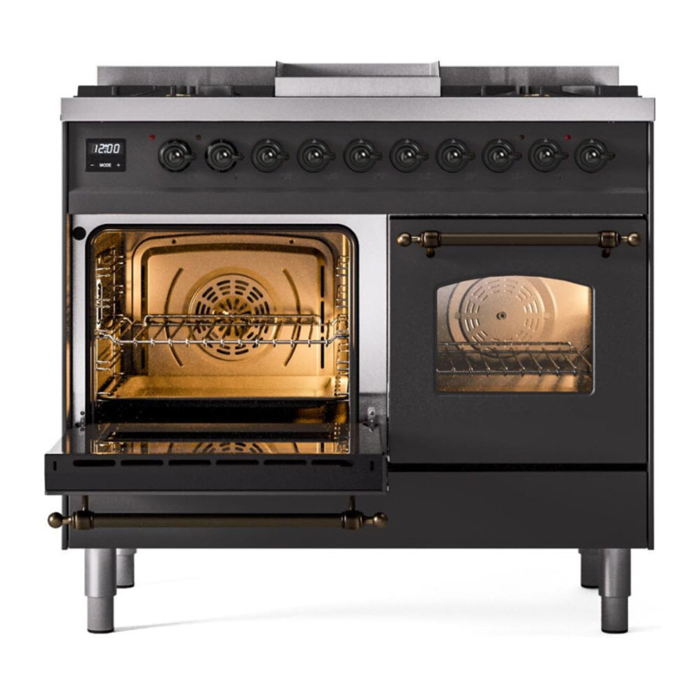 ILVE UPD40FNMPMGB Nostalgie II 40 inch Dual Fuel Range with Double Ovens, 6 Burners and Griddle (Natural Gas, Triple Glass Door, Graphite Matte, Burnished) 7 ILVE UPD40FNMPMGB main oven door opened