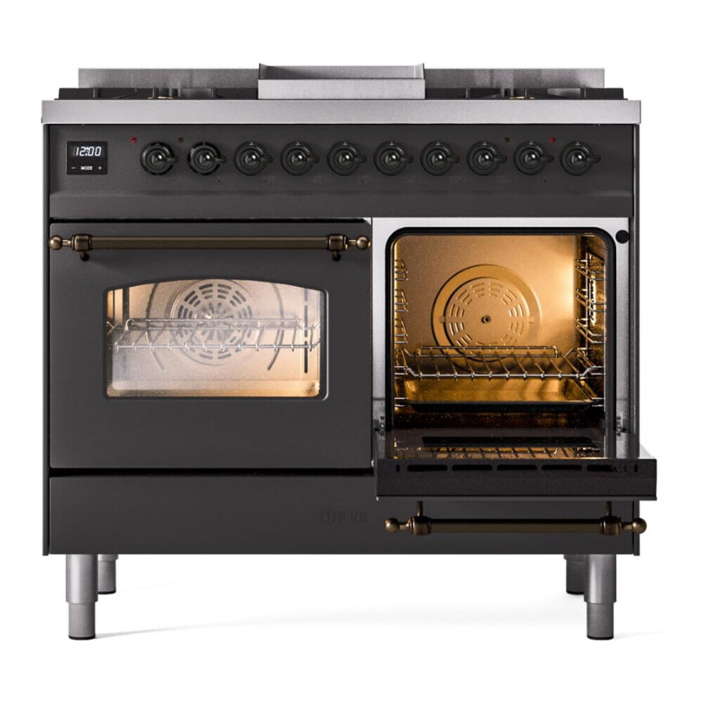 ILVE UPD40FNMPMGB Nostalgie II 40 inch Dual Fuel Range with Double Ovens, 6 Burners and Griddle (Natural Gas, Triple Glass Door, Graphite Matte, Burnished) 8 ILVE UPD40FNMPMGB side oven door opened