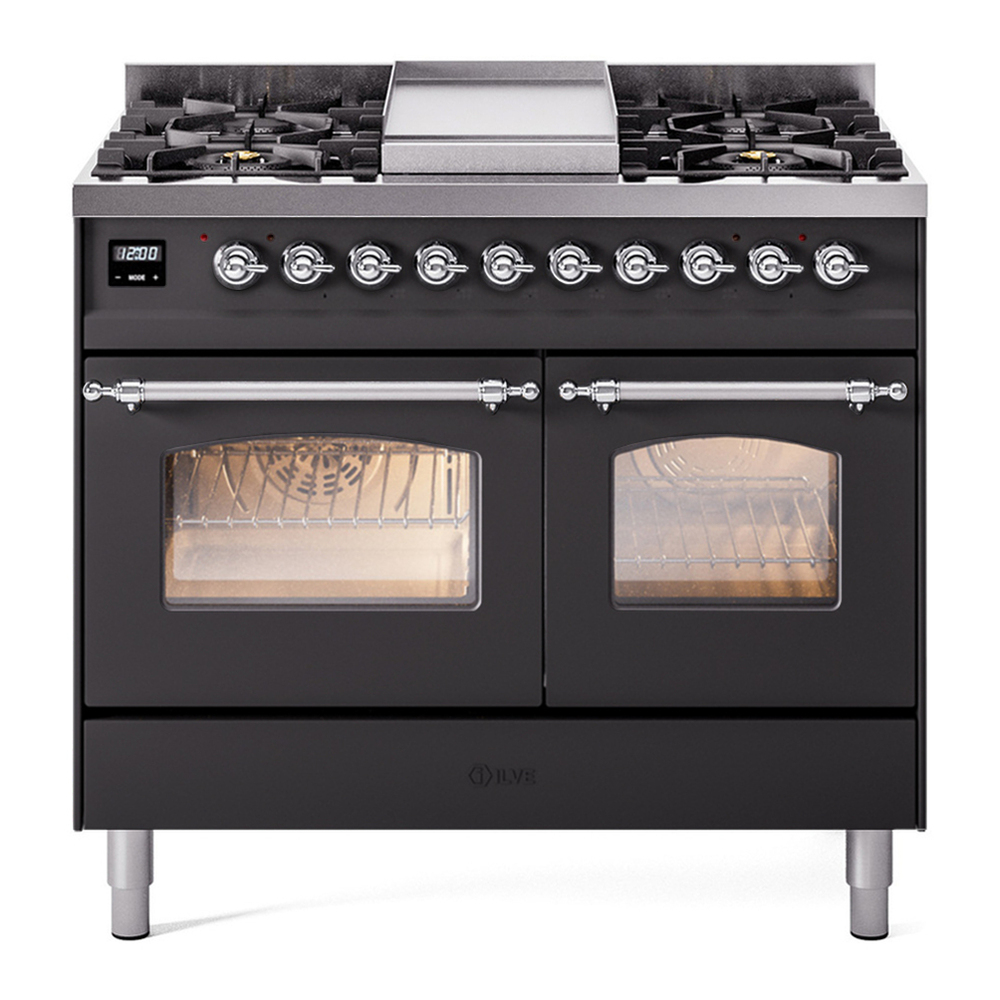 ILVE UPD40FNMPMGCLP Nostalgie II 40 inch Dual Fuel Range with Double Ovens, 6 Burners and Griddle (Liquid Propane, Triple Glass Door, Graphite Matte, Chrome) 1 UPD40FNMPMGCLP