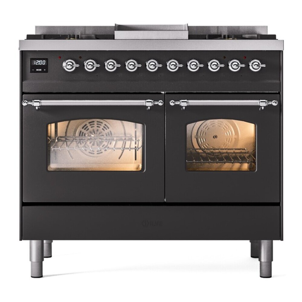 ILVE UPD40FNMPMGCLP Nostalgie II 40 inch Dual Fuel Range with Double Ovens, 6 Burners and Griddle (Liquid Propane, Triple Glass Door, Graphite Matte, Chrome) 5 ILVE UPD40FNMPMGCLP front view